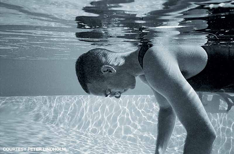 Lindholm practices static apnea in a pool in Sardinia during a freediving course in 2000.
